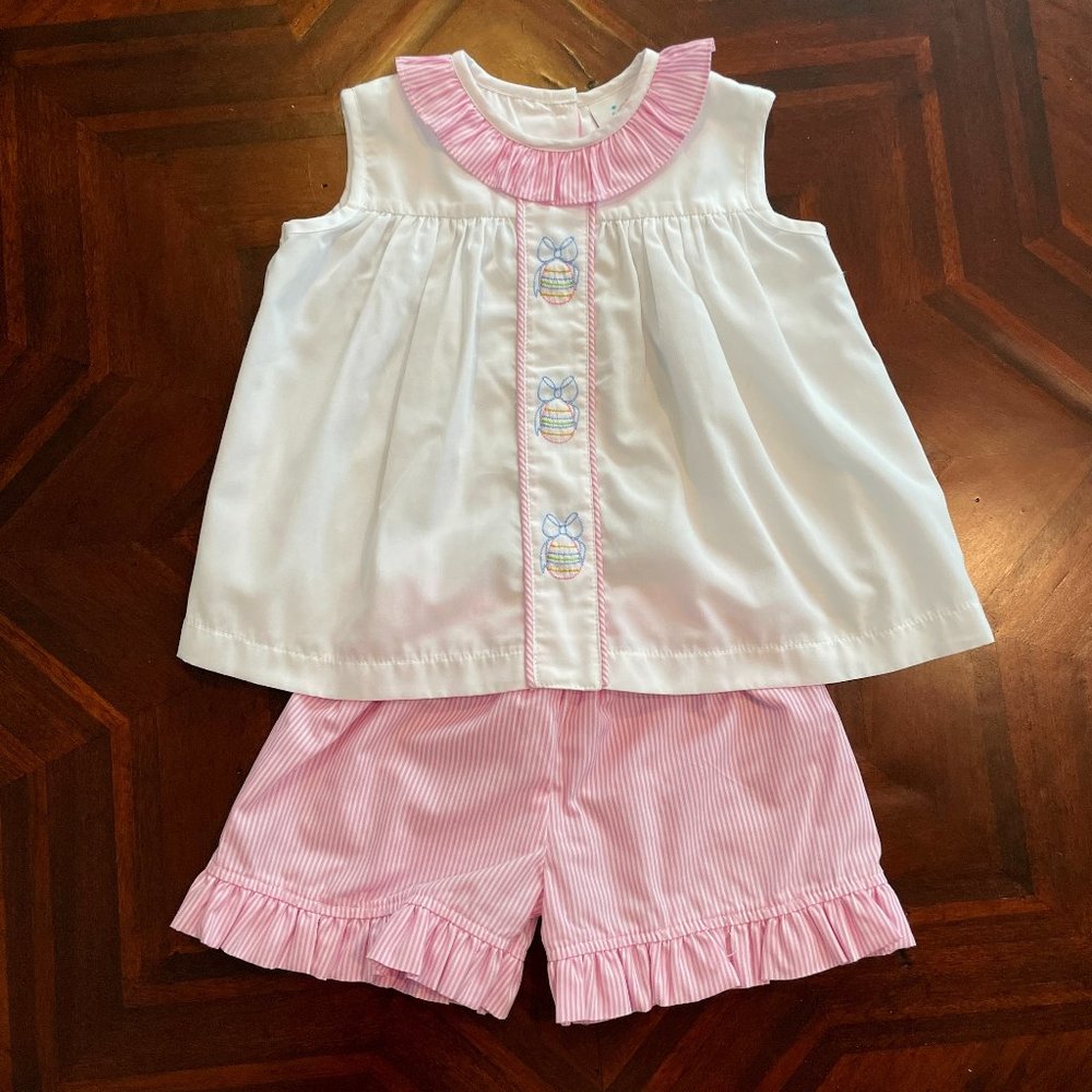 Stitchy Fish Toddler 2-Piece Outfit Size 24 Months Easter Egg Spring White Pink